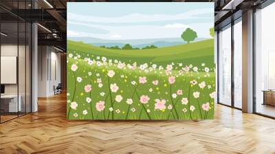 Flower meadow landscape vector illustration. Beautiful landscape of a flower field with green meadows against the backdrop of trees, amazing sky and clouds. Panoramic landscape of summer fields. Wall mural