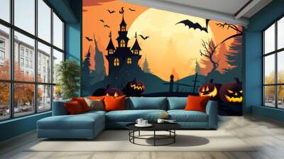 Halloween pumpkins, bats, a cemetery and a scary castle against the backdrop of a spooky big orange moon. Festive flyer, poster or banner. Vector illustration. Wall mural