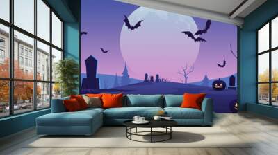 Halloween pumpkins, bats, a cemetery and scary trees against the backdrop of a creepy big moon. Holiday flyer, poster or banner. Halloween vector illustration for print and design. Wall mural