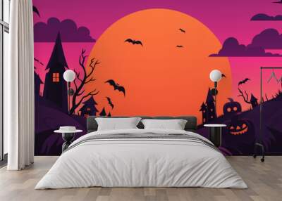 Halloween pumpkins, bats, graveyard and scary buildings against the backdrop of a big orange moon. Vector illustration. Festive flyer, poster or banner. Wall mural