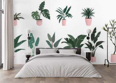 House plants in pink pots for design. A set of monstera, sansevieria, banana palm, ficus and ropalostylis in pots. Vector illustration Wall mural