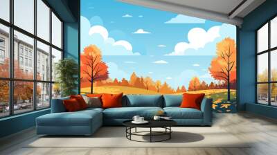 Landscape of a beautiful autumn forest. Beautiful autumn trees, colorful leaves on the grass, blue sky and clouds. Vector illustration Wall mural