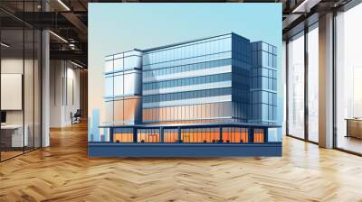 Modern office building with parking. Business center with glass windows or shopping center with the city in the background. Vector illustration. Wall mural