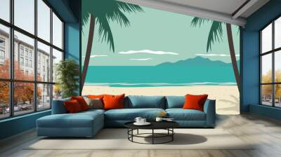 Sea sandy beach with palm trees, sea and mountain views. Simple vector illustration of paradise beach in flat style for design. Summer vacation. Wall mural