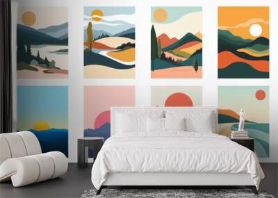 Set of abstract landscapes banners collection. Beautiful landscapes in flat style with various types of mountains, forests, hills, beaches, desert, meadows and fields for design. Wall mural