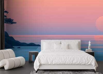 Silhouette of a tree on the coastal rocks against the backdrop of calm sea waters and an amazing sunset. Beautiful panoramic seascape. Summer beach landscape. Vector illustration for design. Wall mural