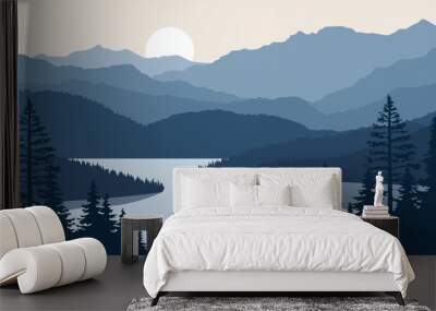 Silhouettes of mountains in the fog. Landscape overlooking a mountain lake with silhouettes of mountains and pine forest at sunrise or sunset. Wall mural