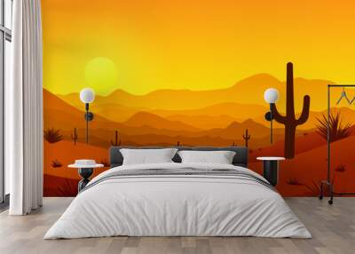 Sunset landscape of the Wild West. Beautiful desert landscape with sandstones, cacti and hills against the backdrop of an orange sunset. Desert vector illustration. Wall mural