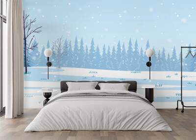 Winter landscape vector illustration. Beautiful panoramic winter landscape of a clearing in the forest under snow and snow-covered trees. Winter day outdoors in snowy weather. Christmas design. Wall mural