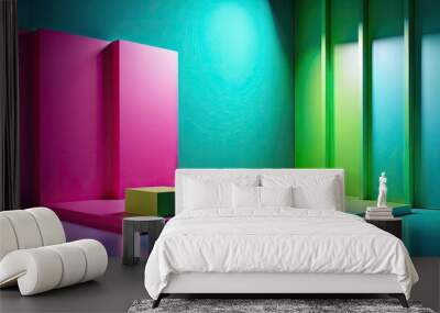 Colorful geometric podiums with vibrant lighting. Wall mural