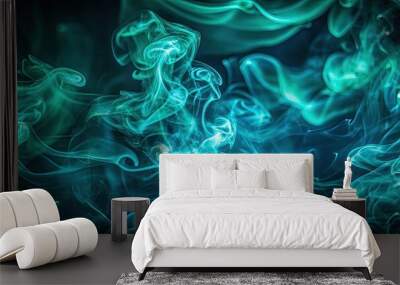 Swirling teal smoke on a black background. Wall mural