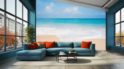 Landscape wide good water slow motion foamy surface sea island summer Hawaii. wave splashing sandy sunny Wall mural