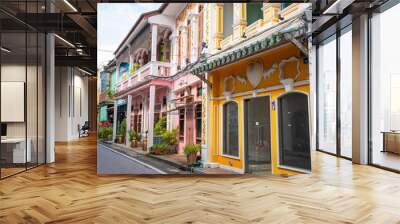 Travel landmark on summer trip famous location.Phuket old town Colorful buildings in Sino Portuguese style Wall mural