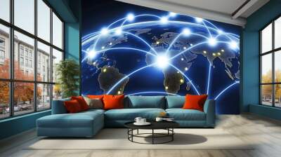 A blue glowing network of lines and nodes connects continents on a dark Earth. Wall mural