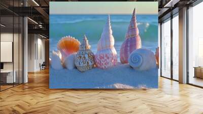 A collection of seashells in a row on a sandy beach with the ocean in the background. Wall mural