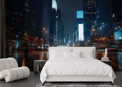 A white suitcase sits alone on a wet city street at night, surrounded by towering skyscrapers. Wall mural