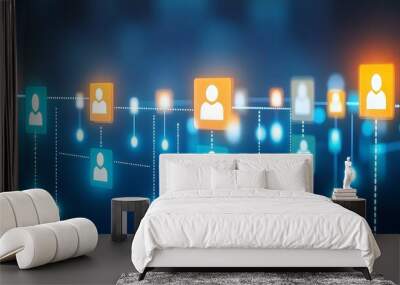 Abstract network of connected people icons in blue and orange color. Wall mural