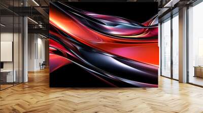 Abstract red, blue, and black swirling shapes on a black background. Wall mural