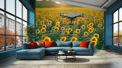 Drone Flying Over Sunflower Field Wall mural