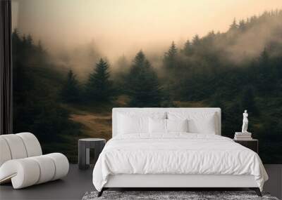 Misty forest with tall evergreen trees and a path leading into the fog. Wall mural