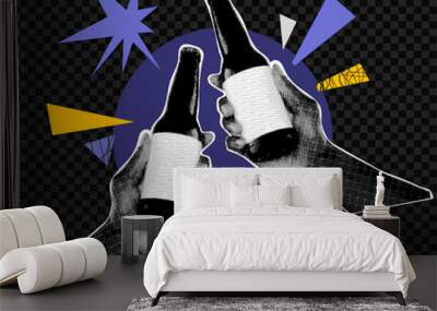 Collage design elements in trendy dotted pop art style. Retro halftone effect. Human hands hold two beer bottles.Vector illustration with vintage grunge punk cutout shapes. Wall mural