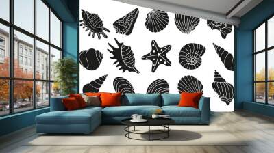 Set of various sea shells and starfish .Vector black and white silhouettes. Wall mural