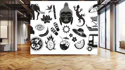 Travel to Thailand sticker set. Black and white set. Traditions, culture Thailand. Doodle elements Elephant, lizard, boat, map of Thailand, thai food, Buddha head, lotus, thai fruits. Wall mural