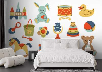 Various isolated toys for kids. Ball, drum, wooden train, bunny, rocking horse, teddy bear, toy blocks, rattles. Childhood, children games, preschool activities concept. Hand drawn vector set. Wall mural