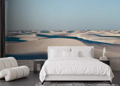 Solo female backpacker walks across the sand dunes of Lencois Maranhenses, miles and miles of sand dunes and lagoons in Maranhao, North-Eastern Brazil Wall mural