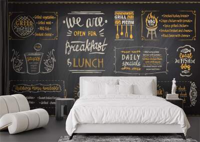 Barbecue menu chalkboard template, menu board with BBQ symbols and dishes lettering, chalk grill menu Wall mural