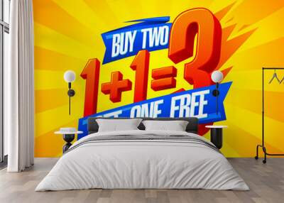 Buy two get one free sale poster design, 1+1=3 lettering Wall mural