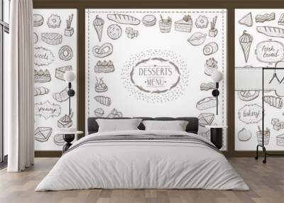 Desserts and baked goods cards and menus set, doodle style hand drawn vector sketches Wall mural