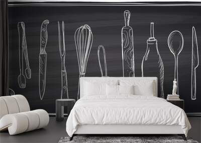 Hand drawn set of kitchen utensils on a chalkboard. Wall mural