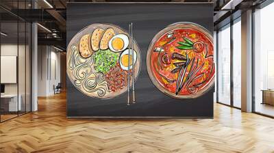 Ramen, kimbap, fried rice and soup - chalk hand drawn asian food dishes Wall mural