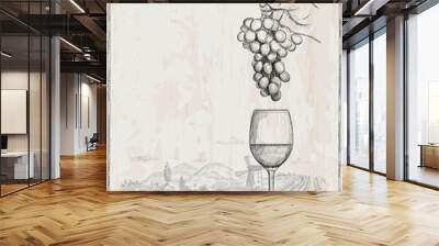 Wine poster with empty space for text and graphic illustration with man hand holding bunch of grapes Wall mural