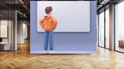  3D illustration of male guy Qadir with hands  Back view of a poweful standing on waist and looking on empty template mockup.3D rendering on white background Wall mural