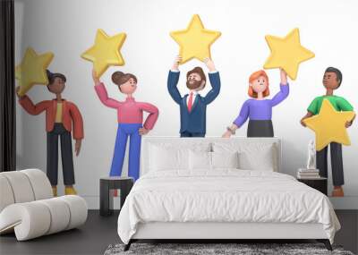 3D illustration of cartoon characters are holding review stars over their heads. Five stars rating. Customer review rating and client feedback concept. 3D rendering on white background.
 Wall mural