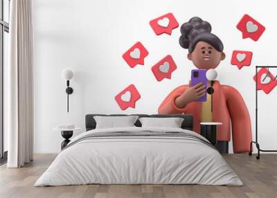 3d illustration of smiling african american woman coco hold smartphone with like notifications flyin Wall mural