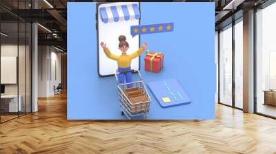 E-shop, shopping concept with characters. Commercial checkout pay, ecommerce retail on device for customer application.3D illustration of Asian woman Angela purchasing. Flat Isometric characters illus Wall mural