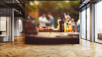 Beer and food on the table with the blurred people and picnic in the background. Generative AI Wall mural