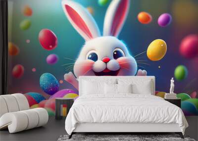 Happy Small White Easter Bunny surrounded with colourful easter eggs, Generative AI Wall mural