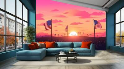 Memorial day Illustration,  Patriotic American background with flags. Generative AI  Wall mural