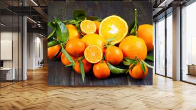 orange fruit and fresh tangerines oranges on wood Wall mural