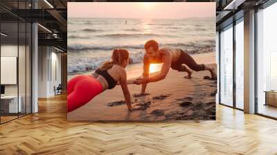 Couple Doing Pushups on Beach Wall mural