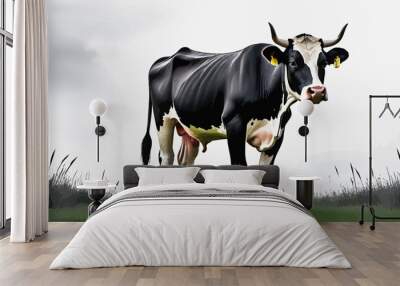 a black and white cow standing on top of a lush green field Wall mural