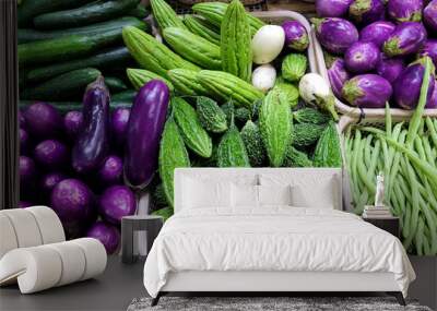 Fresh vegetables and fruits for sale in Asian farmer market stall Wall mural