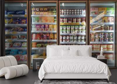 Interior view of huge glass freezer with various brand local and imported frozen food in Jaya Grocery store. KLIA2, MALAYSIA - 24 OCT 2019. Wall mural