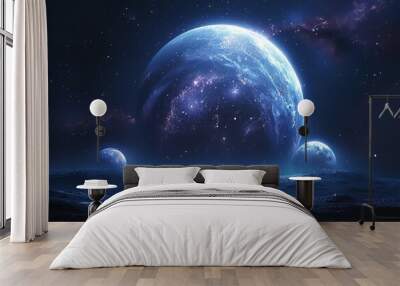 A blue planet with two moons in space, a black background of stars and planets in the sky, sci-fi style, digital art, neon effects, dark blue and silver tones, other worlds in distant orbits, planets  Wall mural