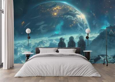 A futuristic space scene with three astronauts standing on an alien planet, gazing at the glowing blue sun and distant planets in their vast sky. Wall mural