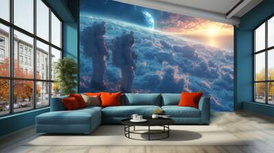 A futuristic space scene with three astronauts standing on an alien planet, gazing at the glowing blue sun and distant planets in their vast sky. Wall mural